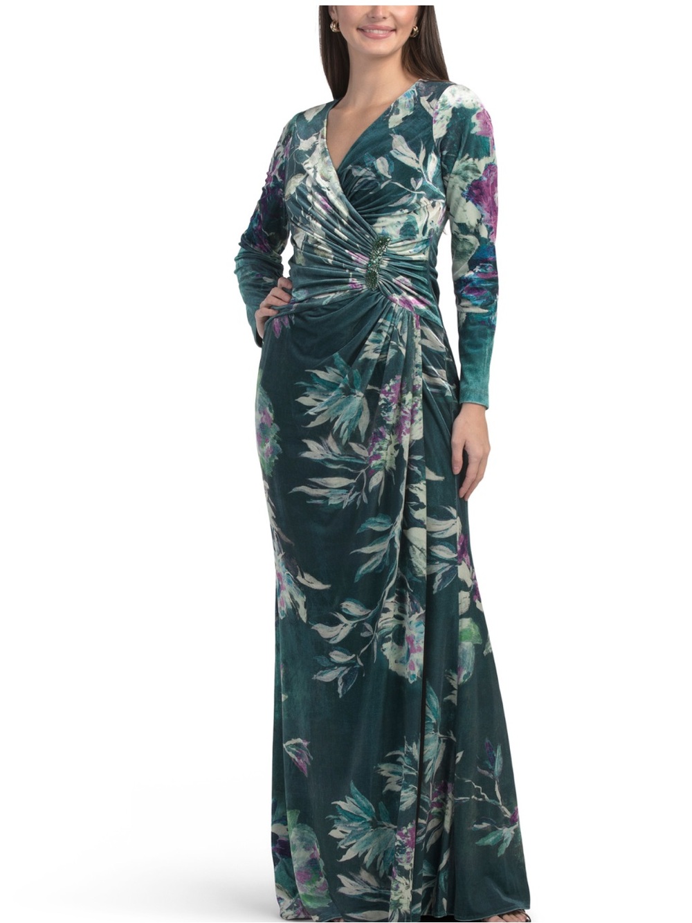 Teal Floral Long-Sleeve Wrap Maxi Dress with Side Ruched Detail